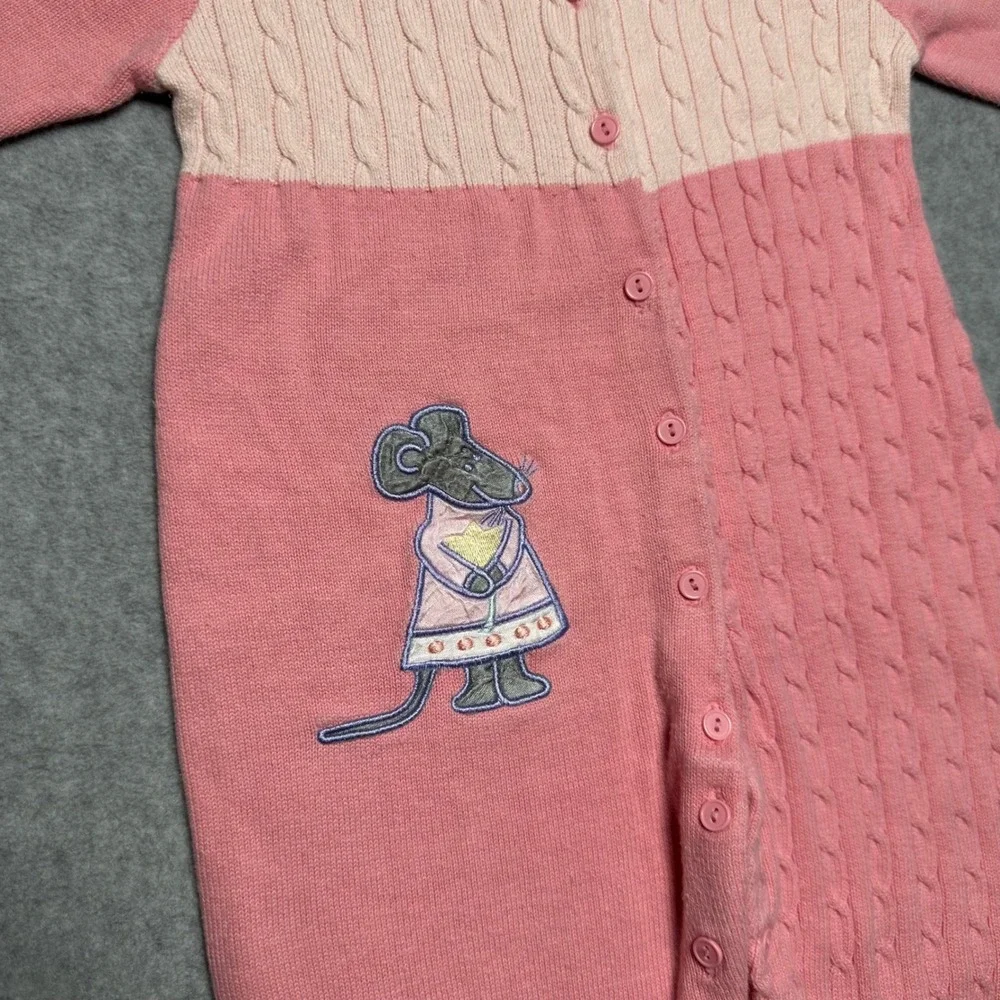Vintage Gymboree Pink Cable Knit Jumpsuit‎ Mouse Embroidered Romper 12-18M